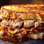 Reinventing Comfort Food: BBQ Chicken Grilled Cheese at Its Best 5 BBQ Chicken Grilled Cheese sandwich with melted cheese, smoky BBQ chicken, and crispy golden bread, served on a rustic wooden table.
