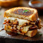 Reinventing Comfort Food: BBQ Chicken Grilled Cheese at Its Best 5 BBQ Chicken Grilled Cheese sandwich with melted cheese, smoky BBQ chicken, and crispy golden bread, served on a rustic wooden table.