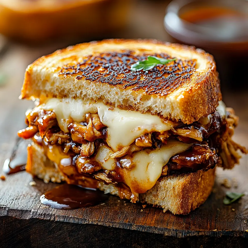 BBQ Chicken Grilled Cheese sandwich with melted cheese, smoky BBQ chicken, and crispy golden bread, served on a rustic wooden table.