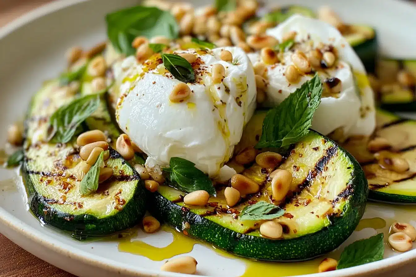 Grilled Zucchini with Burrata and Pine Nuts
